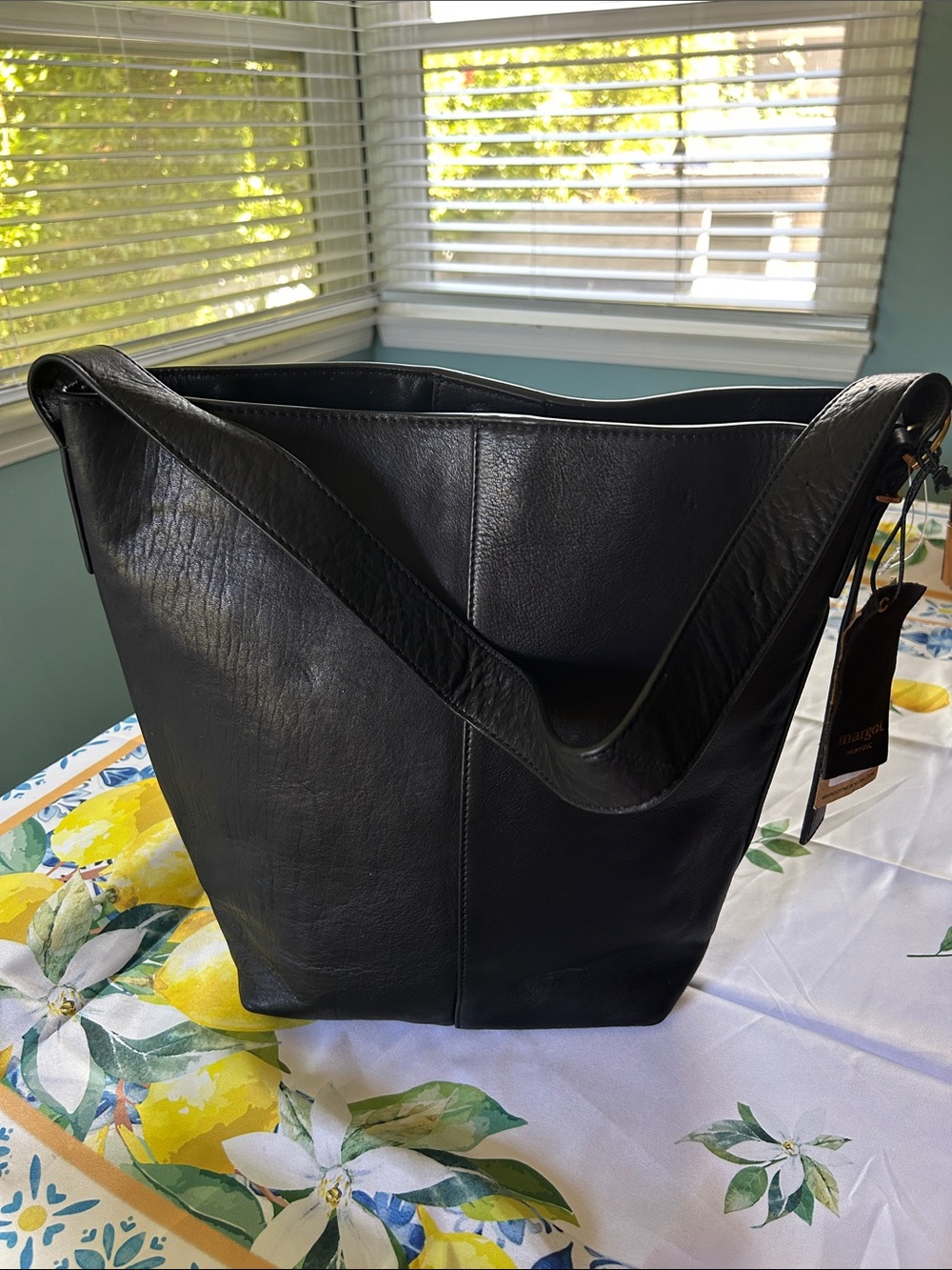 Margot Black Leather Bucket Bag with Wide Strap NWT $200 retail